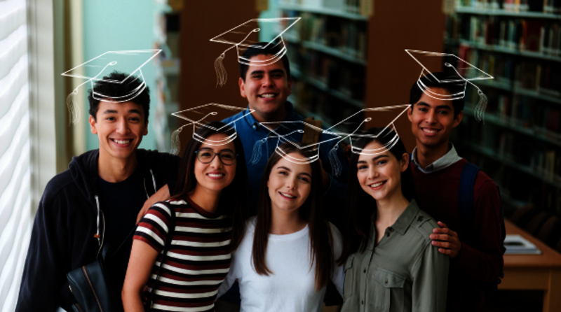 sechs junge Studierende stehen zusammen in einer Bibliothek und tragen digitale Abschlussmützen
