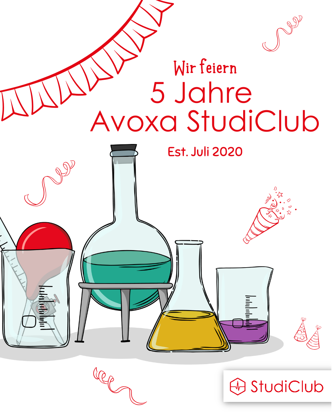 Grafik mit roter Aufschrift „Wir feiern 5 Jahre Avoxa StudiClub – Est. Juli 2020“ und bunten Laborgeräten auf hellem Hintergrund.